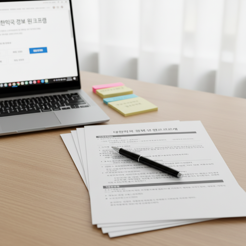 A close-up, photographic image of a neatly arranged pile of Korean government subsidy application forms on a light oak table, accompanied by an open laptop displaying an official government portal interface and an orderly stack of color-coded sticky notes. A sleek black pen rests diagonally across the top document, emphasizing action and preparation. Diffused daylight from an overcast sky filters in from the right, eliminating harsh shadows and giving the scene a soft, trustworthy tone. Captured from a slightly elevated angle with medium depth of field, the papers and pen are sharp while the laptop background is gently blurred. The overall mood is professional yet approachable, highlighting how to easily access and manage government support programs.