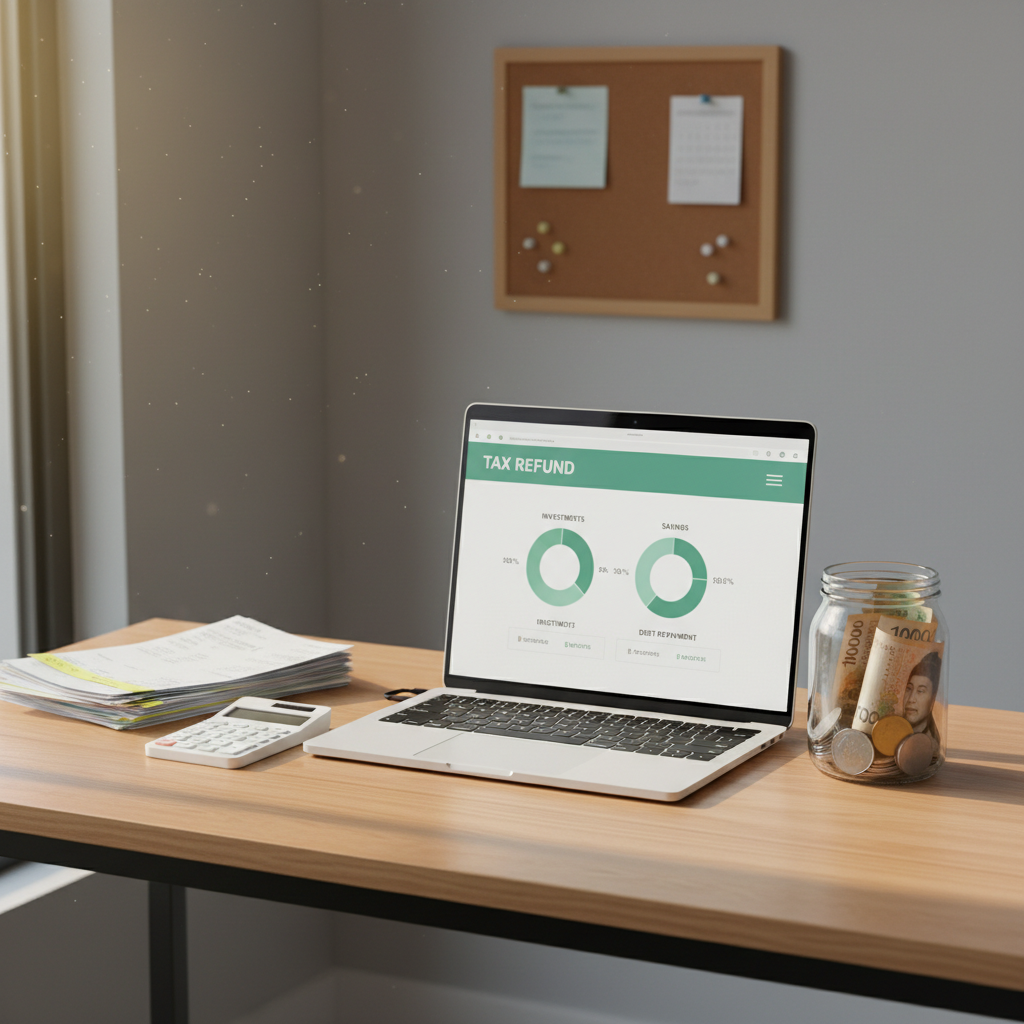 A modern, bright home office scene showcasing practical tax refund planning: a slim white laptop with a clear tax refund dashboard open, surrounded by printed statements, a compact calculator, and a transparent glass jar partially filled with neatly folded Korean banknotes and coins. The elements are arranged on a light birch desk against a soft grey wall, with a simple corkboard in the background holding a few pinned reminder notes, intentionally out of readable focus. Warm afternoon light spills in from a nearby window, casting gentle, elongated shadows. Photographic realism with an eye-level composition and slightly shallow depth of field creates a focused, optimistic atmosphere, emphasizing the tangible benefits of tracking refunds and reclaiming overlooked money.
